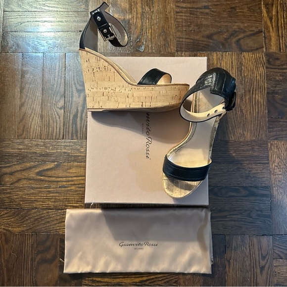 GIANVITO ROSSI BLACK LEATHER CORK WEDGE PLATFORM SANDAL - SIZE 39 (9) - Picture 1 of 10